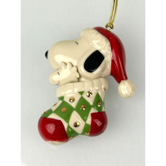 LENOX Peanuts Snoopy in Stocking Christmas Tree Ornament Holiday Porcelain VTG - Picture 3 of 16